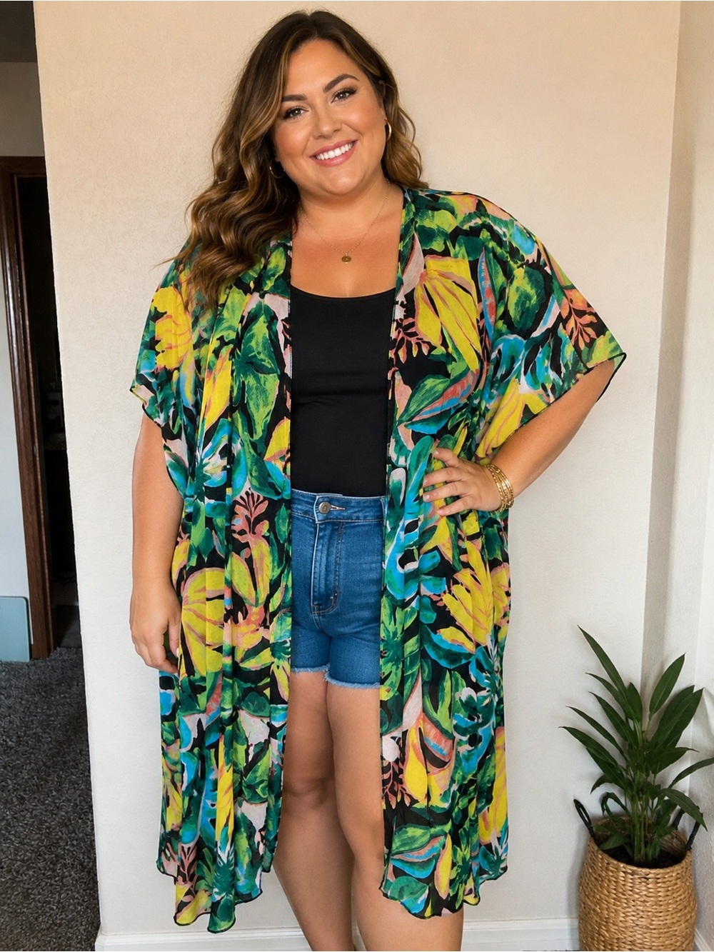 NWT Live 4 Truth Tropical Leaf Floral Print Open Front Kimono Duster 1X